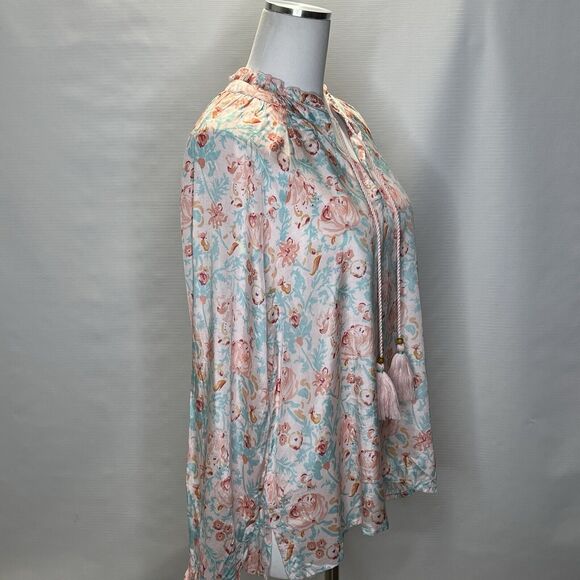 Roller Rabbit Blouse Womens Large Floral V Neck Top Pink Blue Spring Boho Chic - Picture 2 of 11